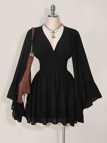 SHEIN ICON 女式纯色V领束腰优雅长袖迷你连衣裙 - 黑色 - 查看 11