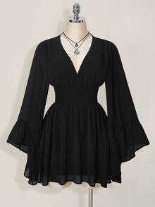 SHEIN ICON 女式纯色V领束腰优雅长袖迷你连衣裙 - 黑色 - 查看 5