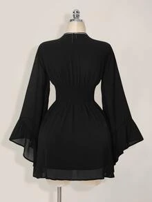 SHEIN ICON 女式纯色V领束腰优雅长袖迷你连衣裙 - 黑色 - 查看 3