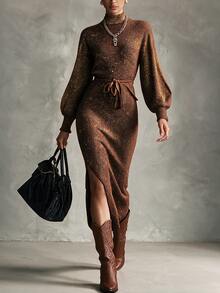 SHEIN Mock Neck Glitter Knit Midi Dress, Fall Elegant Lantern Sleeve Belted Bodycon Dress - Chocolate Brown - View 7