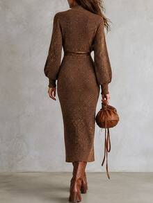 SHEIN Mock Neck Glitter Knit Midi Dress, Fall Elegant Lantern Sleeve Belted Bodycon Dress - Chocolate Brown - View 2