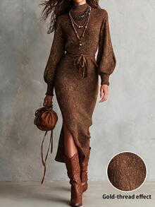 SHEIN Mock Neck Glitter Knit Midi Dress, Fall Elegant Lantern Sleeve Belted Bodycon Dress - Chocolate Brown - View 4