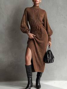 SHEIN Mock Neck Glitter Knit Midi Dress, Fall Elegant Lantern Sleeve Belted Bodycon Dress - Chocolate Brown - View 3