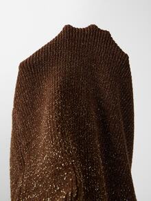 SHEIN Mock Neck Glitter Knit Midi Dress, Fall Elegant Lantern Sleeve Belted Bodycon Dress - Chocolate Brown - View 6