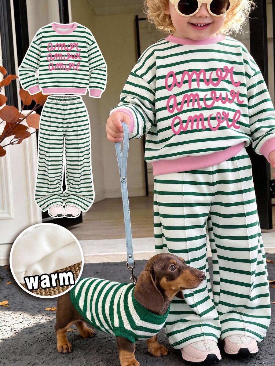 THE HAPPY LOOK Baby Girl Casual Soft Thick Long Sleeve Crew Neck Pullover Sweatshirt And Wide Leg Pants Set, Suitable For Autumn/Winter - Multicolor - View 1