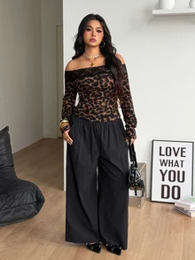 Coolane Women's Plus Size Fall Winter Elegant Formal Daily Wear Casua Stretchy Long Sleeve Leopard Print Brown Lace Patchwork Open Shoulder Top - Brown - View 2