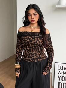 Coolane Women's Plus Size Fall Winter Elegant Formal Daily Wear Casua Stretchy Long Sleeve Leopard Print Brown Lace Patchwork Open Shoulder Top - Brown - View 3