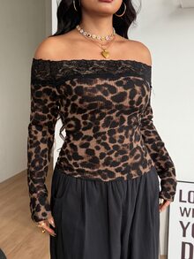 Coolane Women's Plus Size Fall Winter Elegant Formal Daily Wear Casua Stretchy Long Sleeve Leopard Print Brown Lace Patchwork Open Shoulder Top - Brown - View 4