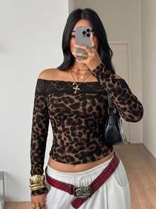 Coolane Women's Plus Size Fall Winter Elegant Formal Daily Wear Casua Stretchy Long Sleeve Leopard Print Brown Lace Patchwork Open Shoulder Top - Brown - View 1