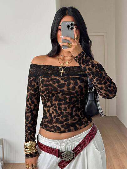 Coolane ملابس علوية نسائية مقاس كبير للخريف والشتاء أنيقة رسمية للاستخدام اليومي كاجوال مرنة بأكمام طويلة بطبعة نمر بني مع رقعة دانتيل وكتف مفتوح