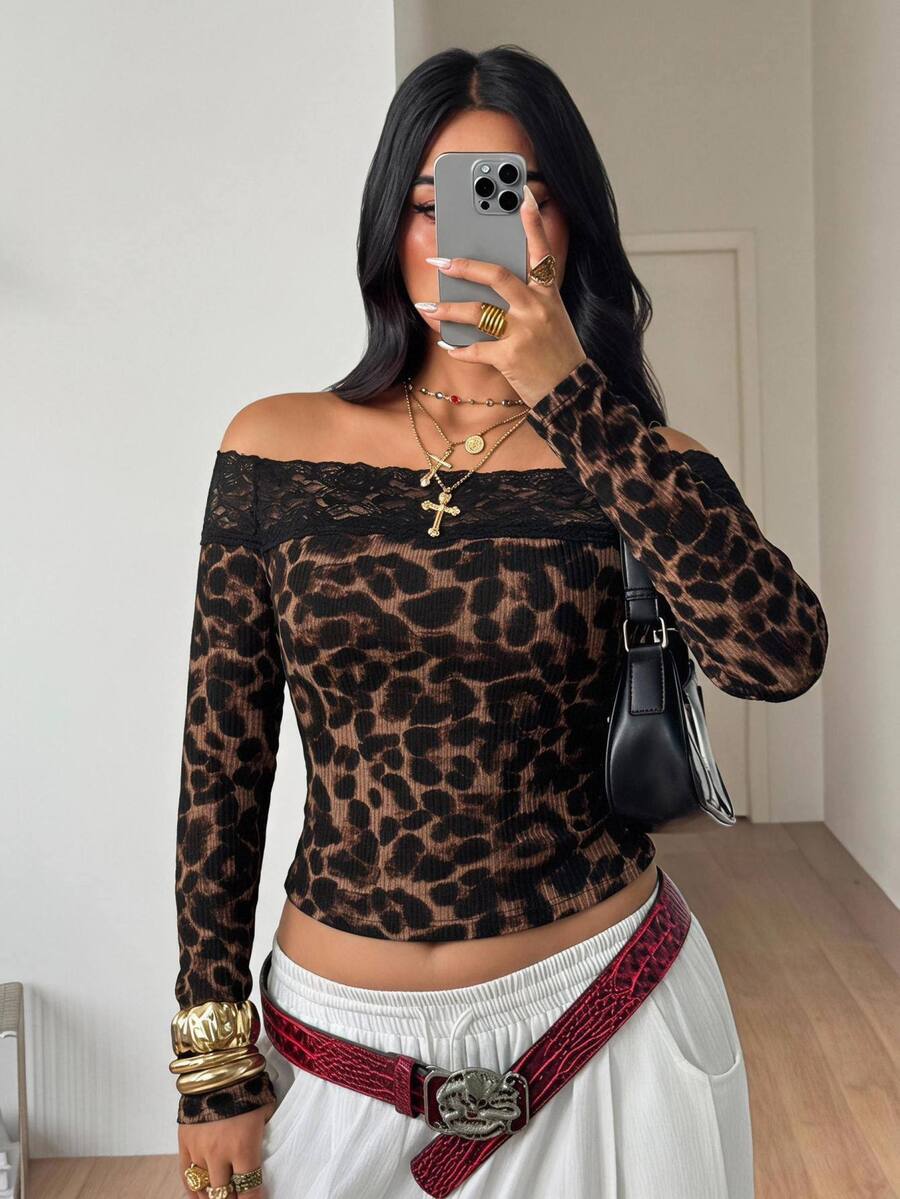 Coolane Women's Plus Size Fall Winter Elegant Formal Daily Wear Casua Stretchy Long Sleeve Leopard Print Brown Lace Patchwork Open Shoulder Top - Brown - View 1