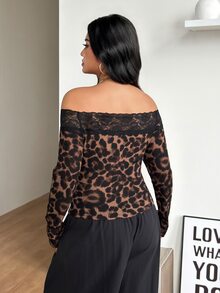 Coolane Women's Plus Size Fall Winter Elegant Formal Daily Wear Casua Stretchy Long Sleeve Leopard Print Brown Lace Patchwork Open Shoulder Top - Brown - View 6