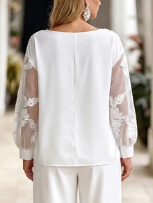 Femmeverse Women's Spring/Autumn New Elegant Vacation Commute Loose Office Date Versatile Mesh Patchwork Embroidered Floral Design Long Sleeve Blouse Fall - White - View 2