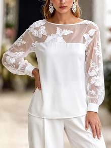 Femmeverse Women's Spring/Autumn New Elegant Vacation Commute Loose Office Date Versatile Mesh Patchwork Embroidered Floral Design Long Sleeve Blouse Fall - White - View 5