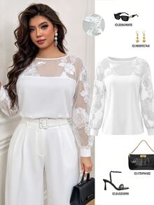 Femmeverse Women's Spring/Autumn New Elegant Vacation Commute Loose Office Date Versatile Mesh Patchwork Embroidered Floral Design Long Sleeve Blouse Fall - White - View 1