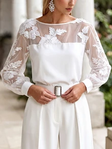 Femmeverse Women's Spring/Autumn New Elegant Vacation Commute Loose Office Date Versatile Mesh Patchwork Embroidered Floral Design Long Sleeve Blouse Fall - White - View 4