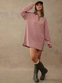 WESTFADE Striped Waffle Knit Long Sleeve Mini Polo Dress, Fall, Winter, Autumn, Female Country Look, Western, Cowgirl, Rodeo, Back To School, Cute, Western - Multicolor - View 5
