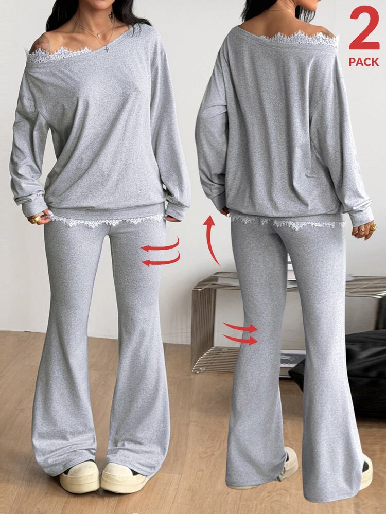 Coolane Women's Plus Size Fall Winter Daily Wear Elegant Formal Going Out Contrast Lace Drop Shoulder Long Sleeve Sweatshirt And Flare Pants Grey 2 Pieces Set - Light Grey - View 2