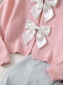 SHEIN Explorewe Girls' Fashion Handmade Bow Knitted Cardigan Sweater Long Sleeve Autumn Fall School Party Pink Cute - Pink - View 6
