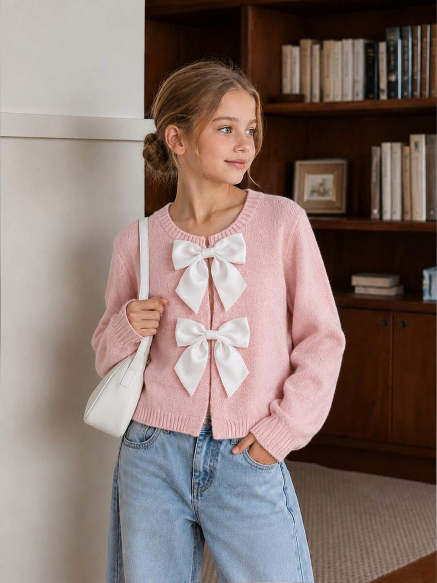 SHEIN Explorewe Girls' Fashion Handmade Bow Knitted Cardigan Sweater Long Sleeve Autumn Fall School Party Pink Cute