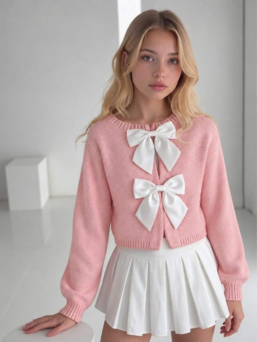 SHEIN Explorewe Girls' Fashion Handmade Bow Knitted Cardigan Sweater Long Sleeve Autumn Fall School Party Pink Cute