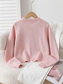 SHEIN Explorewe Girls' Fashion Handmade Bow Knitted Cardigan Sweater Long Sleeve Autumn Fall School Party Pink Cute - Pink - View 3