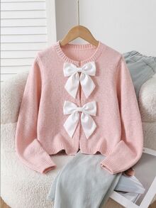 SHEIN Explorewe Girls' Fashion Handmade Bow Knitted Cardigan Sweater Long Sleeve Autumn Fall School Party Pink Cute - Pink - View 4