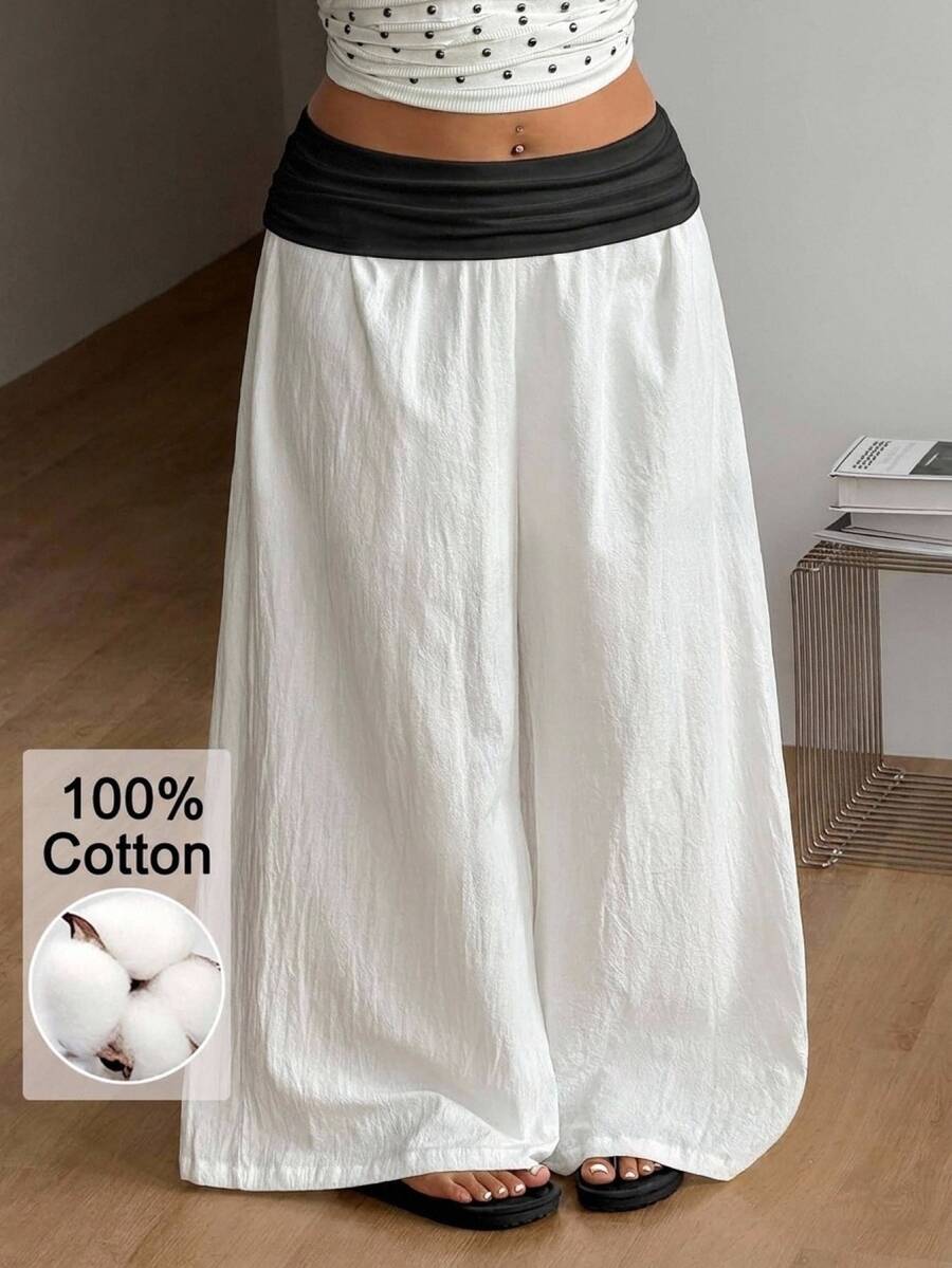 Coolane Women's Plus Size Fall Winter Going Out Elegant Vacation Country Concert Basic 100 Cotton Color-Blocked White Black Mid-Waist Wide Leg Pants - Black and White - View 1