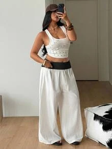 Coolane 女款大尺碼秋冬外出優雅度假鄉村音樂會基礎款 100%棉拼接配色白黑中腰寬腿長褲 - 黑與白 - 查看 4