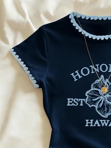 IslaSuriya 海軍藍女款修身圓領 T-shirt，刺繡上衣，貝殼刺繡花卉圖案，休閒熱帶風海灘度假夏季穿搭 - 藍色 - 查看 3