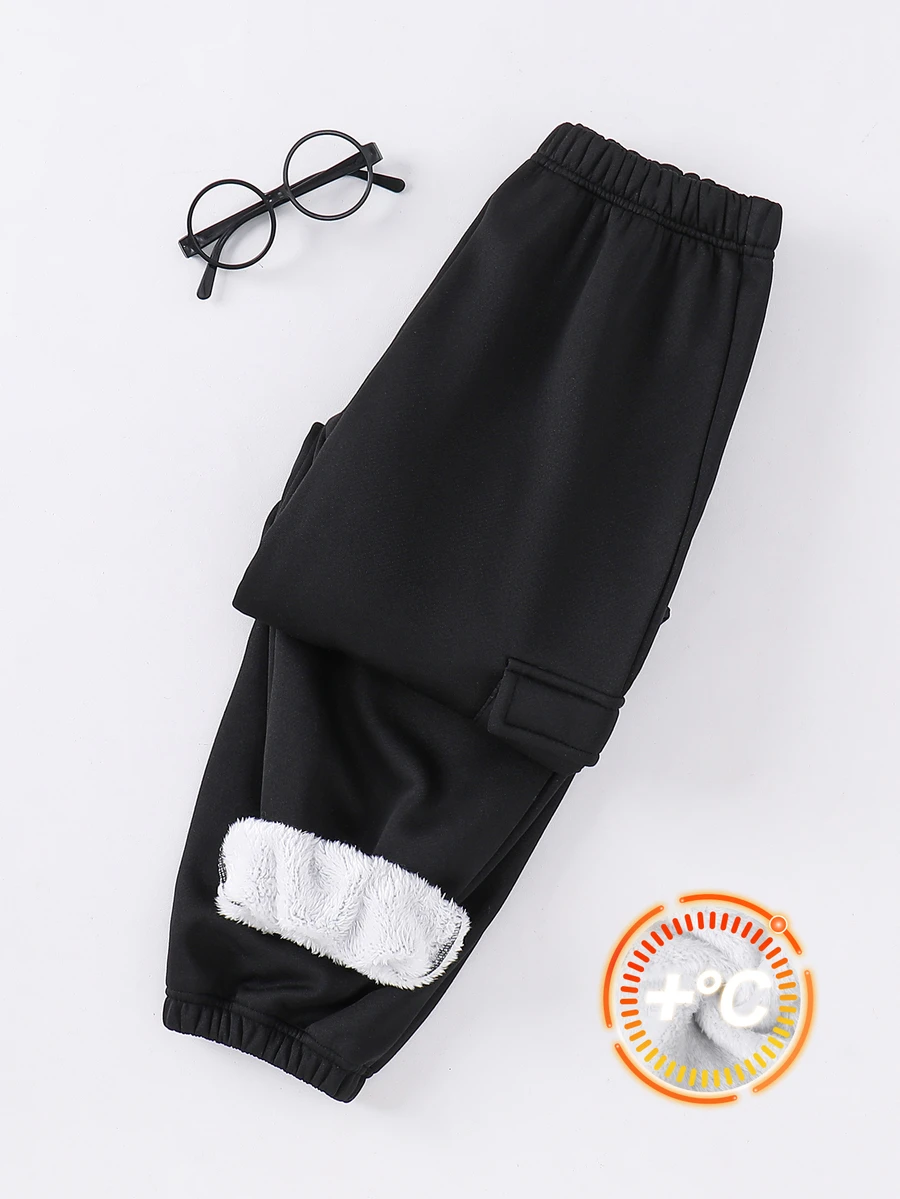 SHEIN Little Byeori 青少年男孩休閒學院風加厚保暖內裡黑色多功能工裝口袋運動長褲,適合通勤、上學、日常休閒、大學、生日派對、晚會、表演、婚禮、洗禮、開學典禮、日常校園、旅行、運動,秋冬適用 - 黑色 - 查看 1