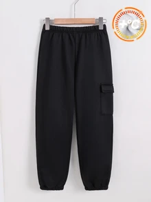 SHEIN Little Byeori 青少年男孩休閒學院風加厚保暖內裡黑色多功能工裝口袋運動長褲，適合通勤、上學、日常休閒、大學、生日派對、晚會、表演、婚禮、洗禮、開學典禮、日常校園、旅行、運動，秋冬適用 - 黑色 - 查看 3