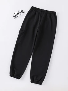 SHEIN Little Byeori 青少年男孩休閒學院風加厚保暖內裡黑色多功能工裝口袋運動長褲，適合通勤、上學、日常休閒、大學、生日派對、晚會、表演、婚禮、洗禮、開學典禮、日常校園、旅行、運動，秋冬適用 - 黑色 - 查看 2