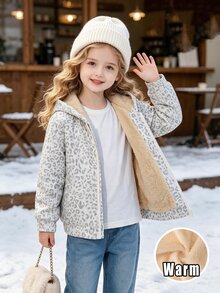 SHEIN 女童抓絨加厚內裡拉鍊連帽外套，休閒仙氣秋冬上衣，生日白色秋季、秋天、萬聖節、豹紋印花 - 白色 - 查看 1
