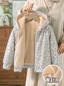 SHEIN 女童抓絨加厚內裡拉鍊連帽外套，休閒仙氣秋冬上衣，生日白色秋季、秋天、萬聖節、豹紋印花 - 白色 - 查看 7