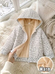 SHEIN 女童抓絨加厚內裡拉鍊連帽外套，休閒仙氣秋冬上衣，生日白色秋季、秋天、萬聖節、豹紋印花 - 白色 - 查看 6