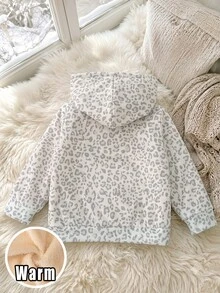 SHEIN 女童抓絨加厚內裡拉鍊連帽外套，休閒仙氣秋冬上衣，生日白色秋季、秋天、萬聖節、豹紋印花 - 白色 - 查看 2