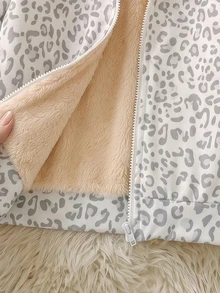SHEIN 女童抓絨加厚內裡拉鍊連帽外套，休閒仙氣秋冬上衣，生日白色秋季、秋天、萬聖節、豹紋印花 - 白色 - 查看 5