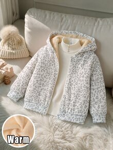 SHEIN 女童抓絨加厚內裡拉鍊連帽外套，休閒仙氣秋冬上衣，生日白色秋季、秋天、萬聖節、豹紋印花 - 白色 - 查看 3