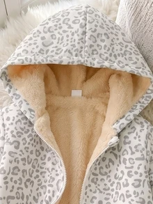 SHEIN 女童抓絨加厚內裡拉鍊連帽外套，休閒仙氣秋冬上衣，生日白色秋季、秋天、萬聖節、豹紋印花 - 白色 - 查看 4