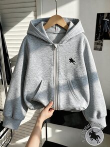 Elladie kids 女童休閒抓絨連帽夾克，長袖附口袋與拉鍊，運動衫，秋冬款 - 灰色 - 查看 3