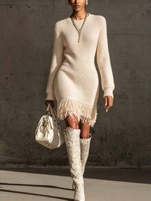 LUMIGAL Women's Fitted Short Waffle Knit Sweater Dress With Round Neck, Long Sleeves, Ribbed Cuffs, Tassel Trim, Bodycon Brunch Dinner Cream White - Apricot - View 1