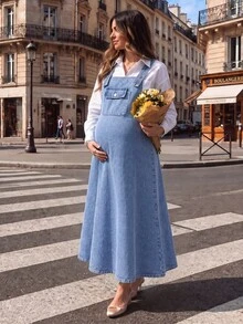 Momance Maternity Pocket Casual Daily Wear Denim Dress - Medium Wash - View 3