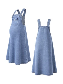 Momance Maternity Pocket Casual Daily Wear Denim Dress - Medium Wash - View 7