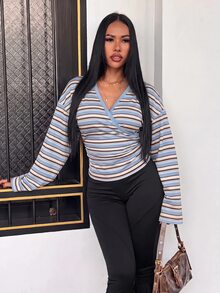 Slaydiva 女款休閒極簡條紋圖案T恤，適合春夏穿著 - 彩色 - 查看 5