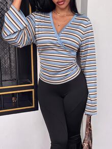 Slaydiva 女款休閒極簡條紋圖案T恤，適合春夏穿著 - 彩色 - 查看 6