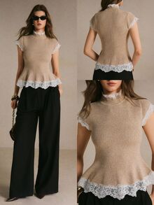 Poéselle Women's Contrast Lace Stand Collar Cap Sleeve Elegant Knit Top - Apricot - View 2