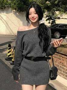 DAZY Women's Casual Knit Dress, Autumn/Winter - Grey - View 3