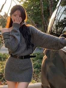 DAZY Women's Casual Knit Dress, Autumn/Winter - Grey - View 7