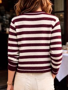 Elafinee Women's Striped Long Sleeve Single-Breasted Knit Cardigan - Red - View 2